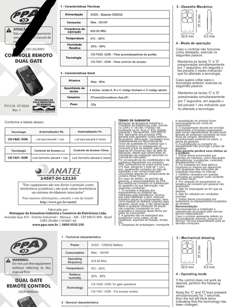 PPA - Manual Do Usuario TX Dual Gate 433 MHZ PT-EN-ES 102024 ...