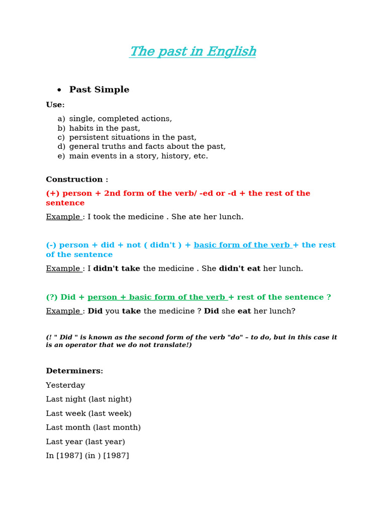 The Past in English - Past Tenses | PDF | Verb | Grammatical Tense