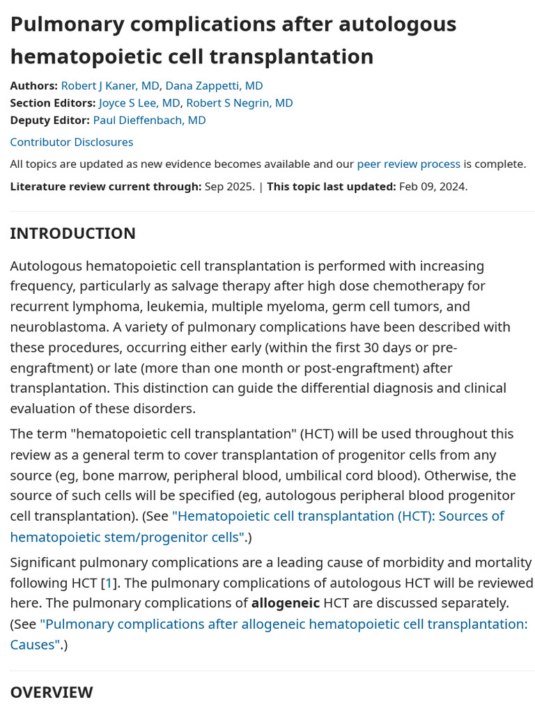 UpToDate Pulmonary Complications After Autologous Hematopoietic Cell ...
