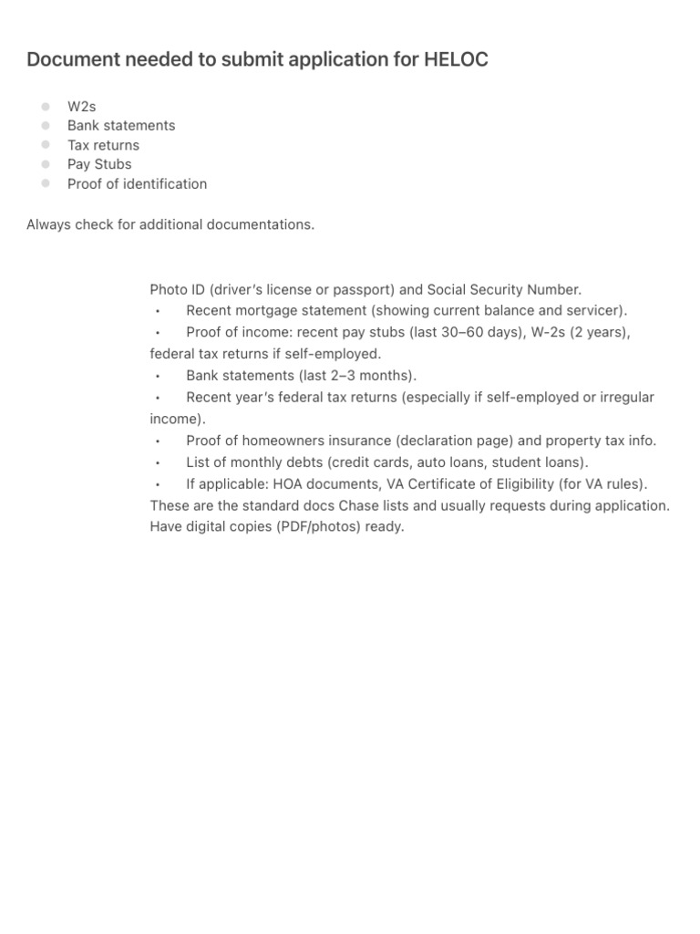Document Needed To Submit Application For HELOC | PDF
