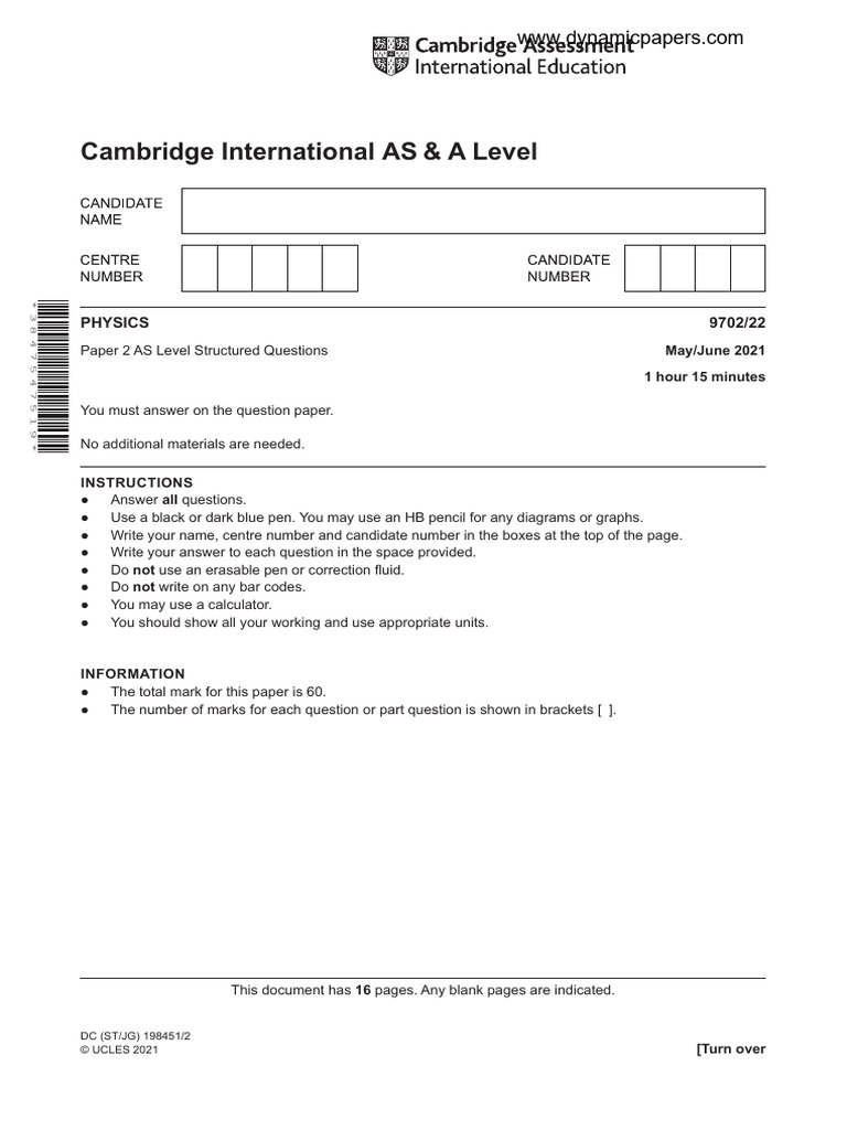 Cambridge International AS & A Level: PHYSICS 9702/22 | PDF | Waves | Force