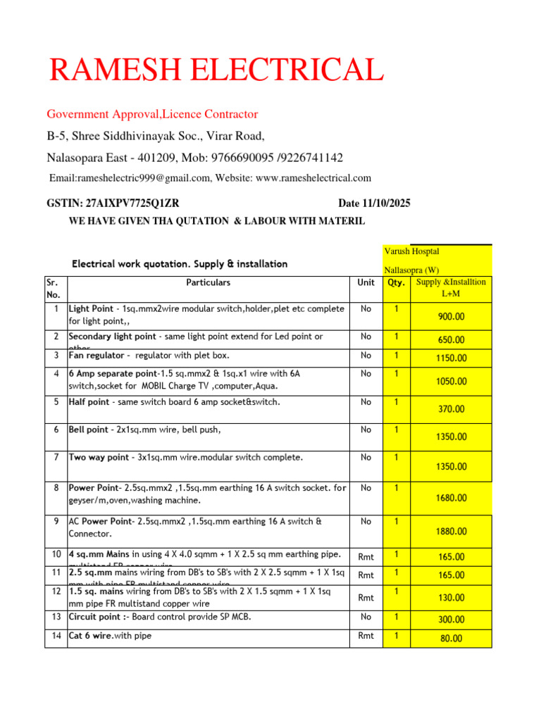 Electrical Work Quotation & Labor Costs | PDF | Electricity ...