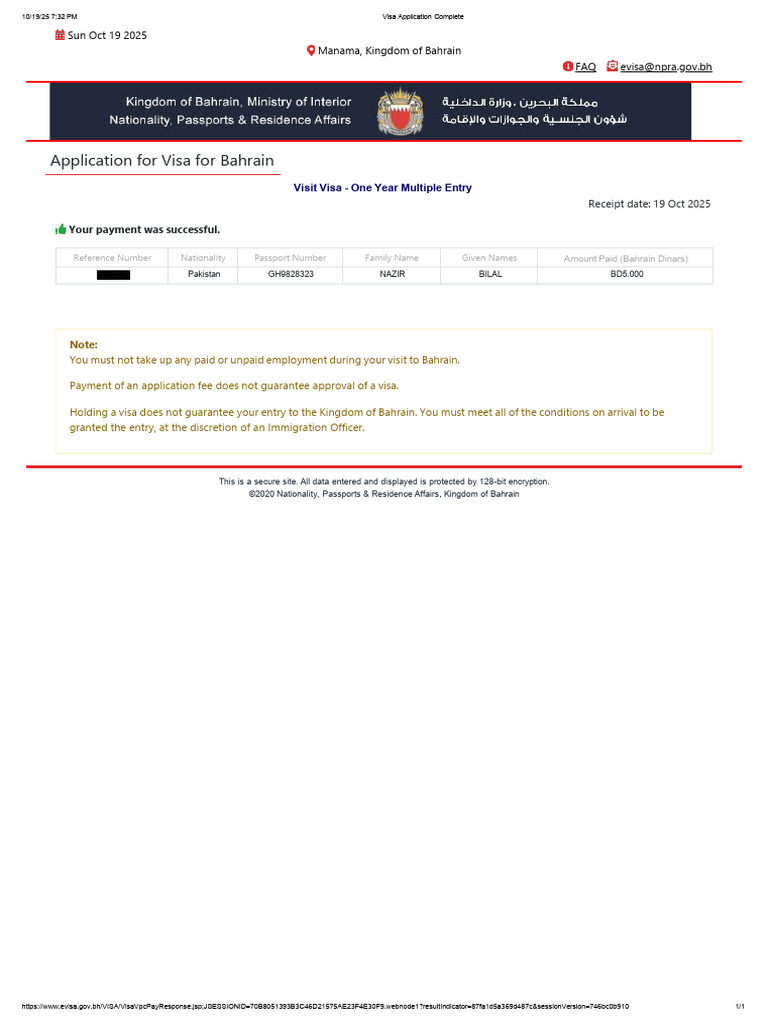 Bahrain Visa Application Confirmation | PDF