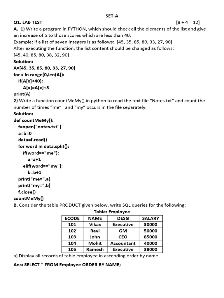 Python and SQL Lab Test Solutions | PDF | Computer Programming | Data ...