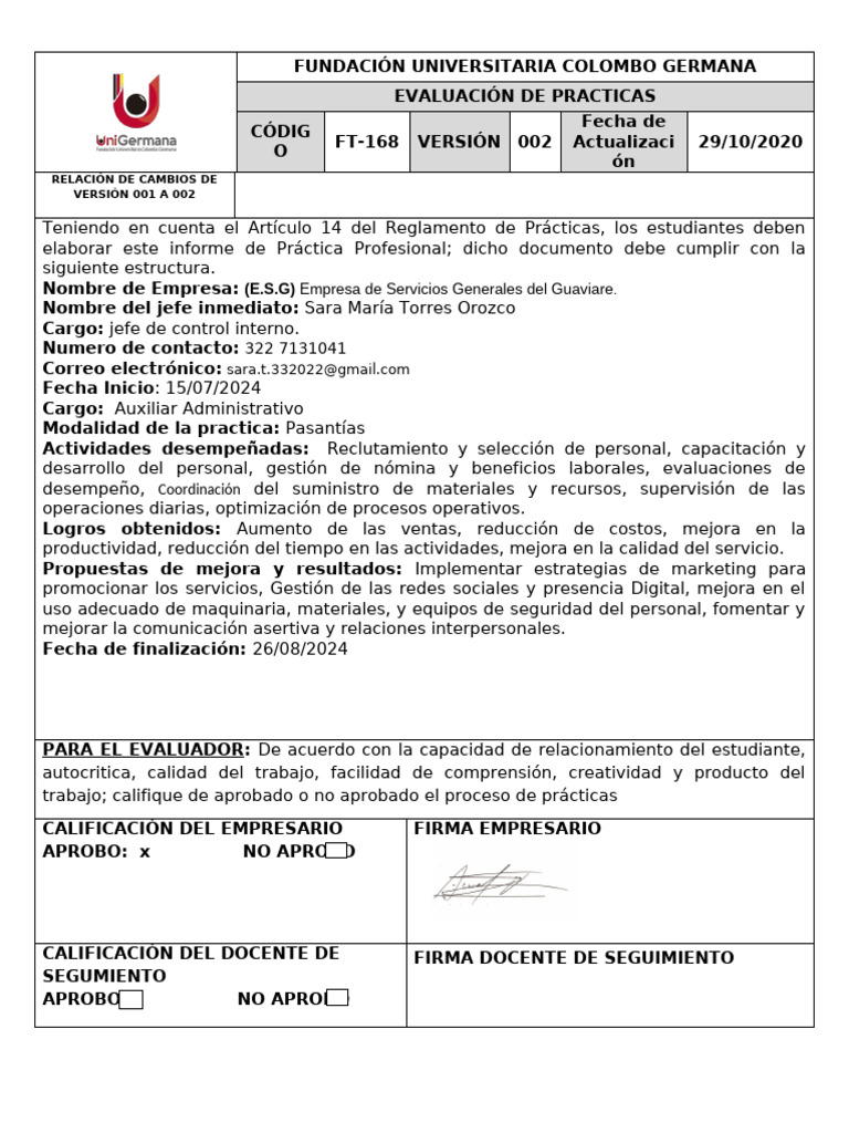 FT-168 Calificaciòn de Jefe Inmediato para El Termino de La Practica | PDF