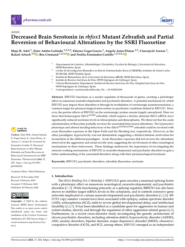 Decreased Brain Serotonin in Rbfox1 Mutant Zebrafish and Partial ...