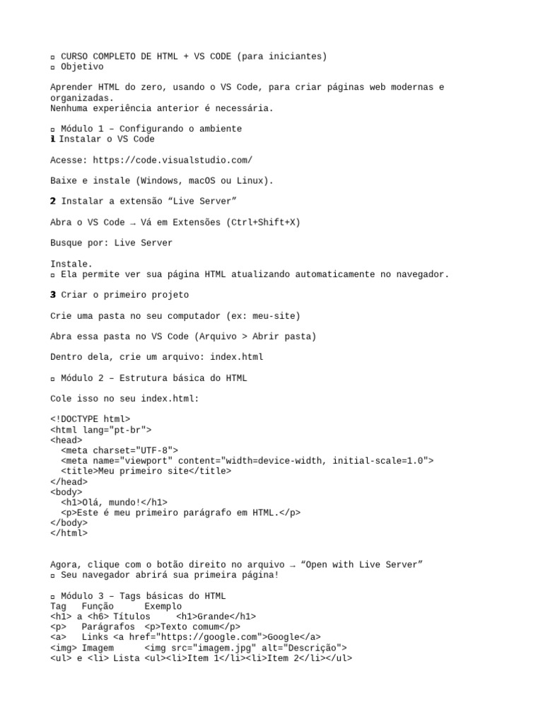 Curso de HTML e VS Code para Iniciantes | PDF | Html | Rede mundial de ...