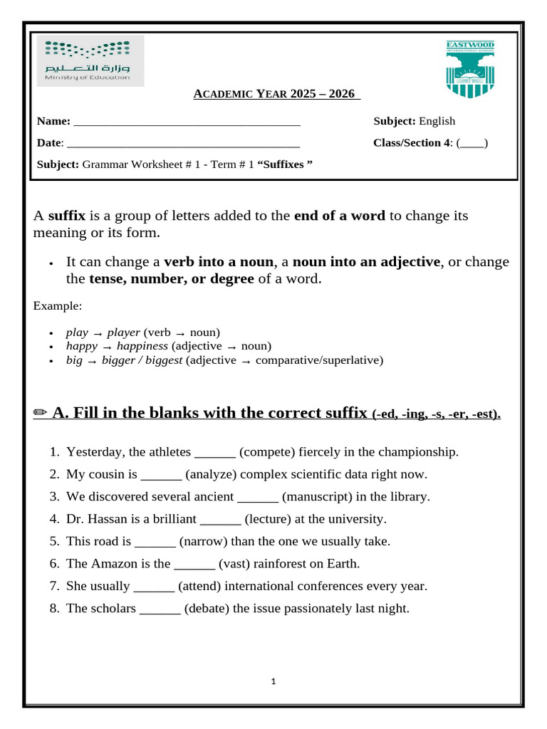 Grammar Worksheet # 1 - Term # 1 | PDF