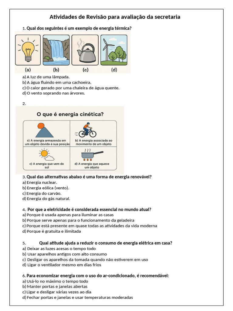 Atividades sobre Fontes de Energia 8º Ano | PDF | Energia renovável ...