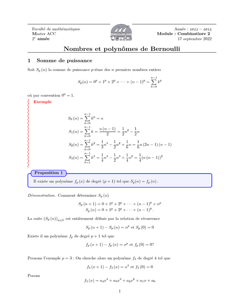 Nombres et Polynômes de Bernoulli | PDF | Relations mathématiques ...