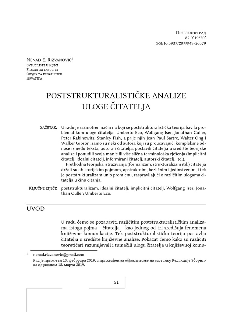 Nenad Rizvanović - Posstrukturalističke Analize Uloge Čitatelja | PDF