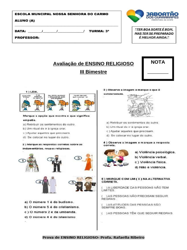 Prova de Ensino Religioso - III Bimestre | PDF