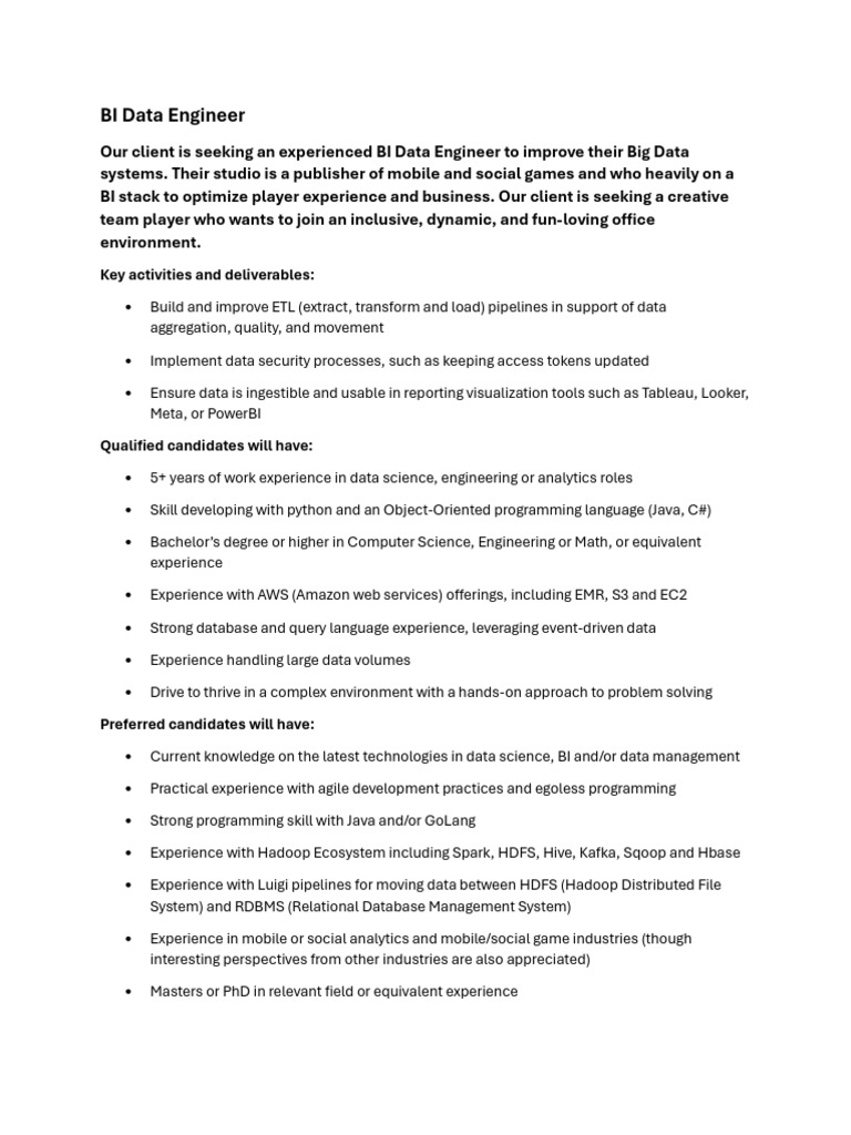 BI Engineer Job Description For Top Company | PDF | Computing ...