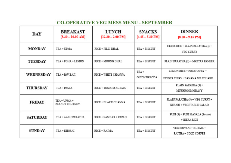 Co-Op Veg Mess September Menu | PDF