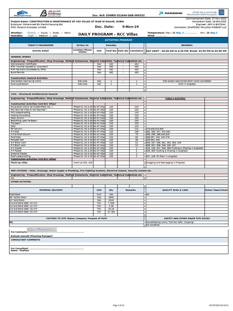 Daily Progress Report 09.11.2024 | PDF | Building | Architectural Elements