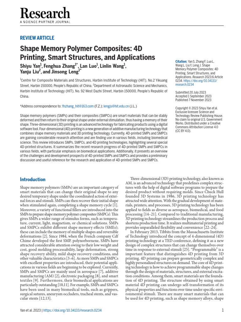 4D Printing of Shape Memory Polymers | PDF | Origami | Thermoplastic