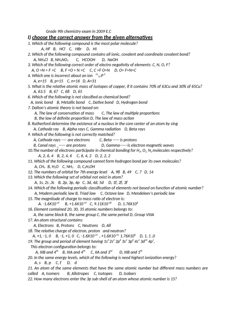 2009 E.C. 9th Grade Chemistry Exam | PDF | Chemical Bond | Chemistry