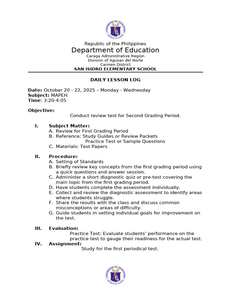 MAPEH Daily Lesson Log: Oct 2025 | PDF | Educational Assessment ...