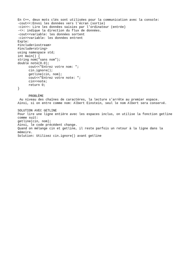Communication Console en C++: cout et cin | PDF