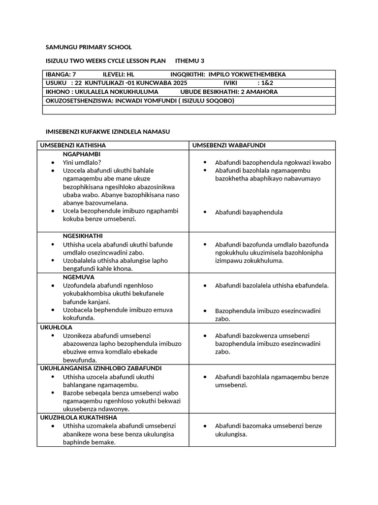 Isizulu Lesson Plan for Grade 7 | PDF
