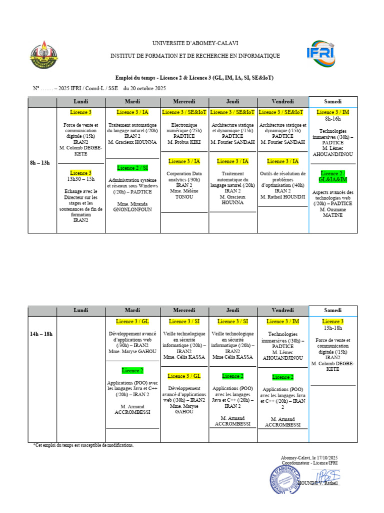 Emploi du temps Licence 2 & 3 2025 | PDF | Programmation informatique ...