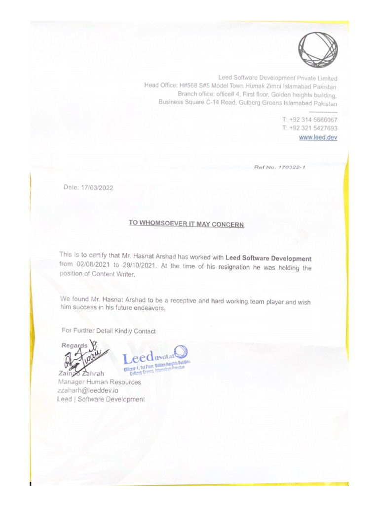 Leed Software Emoloyment Letter | PDF
