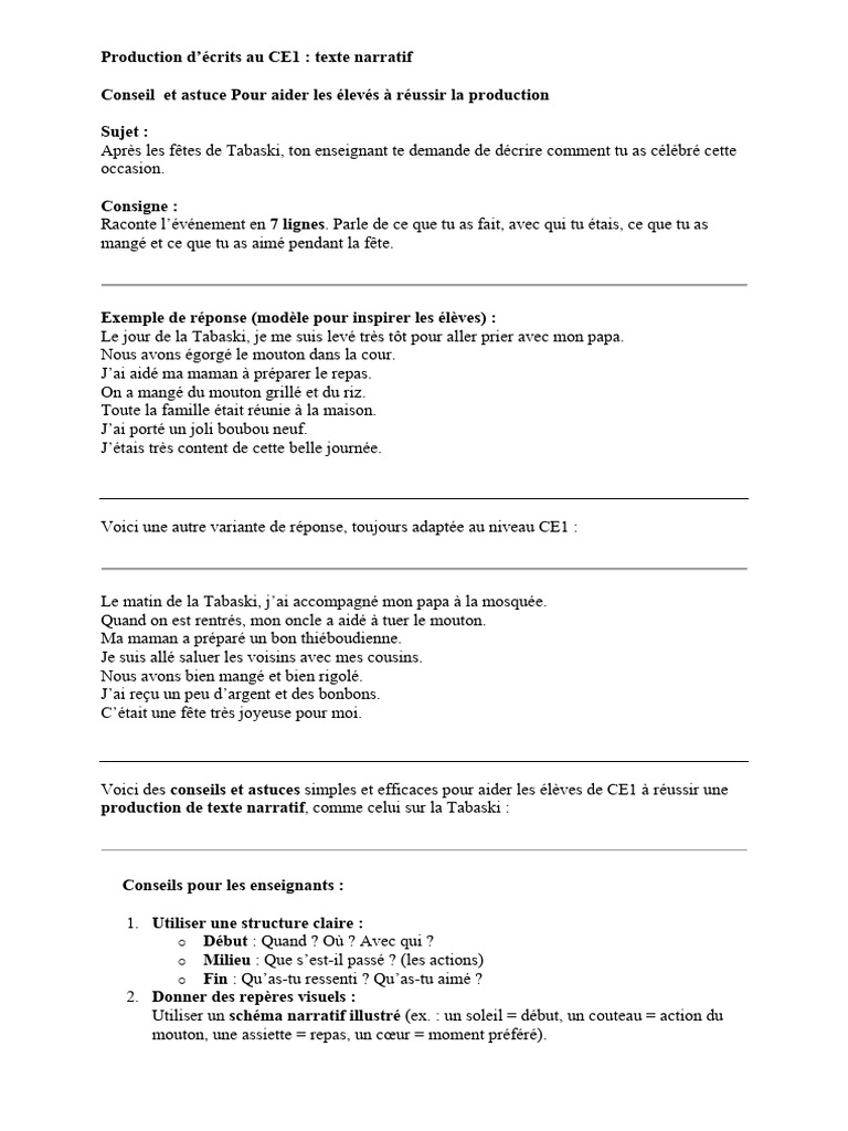 Conseils pour écrire un récit CE1 | PDF