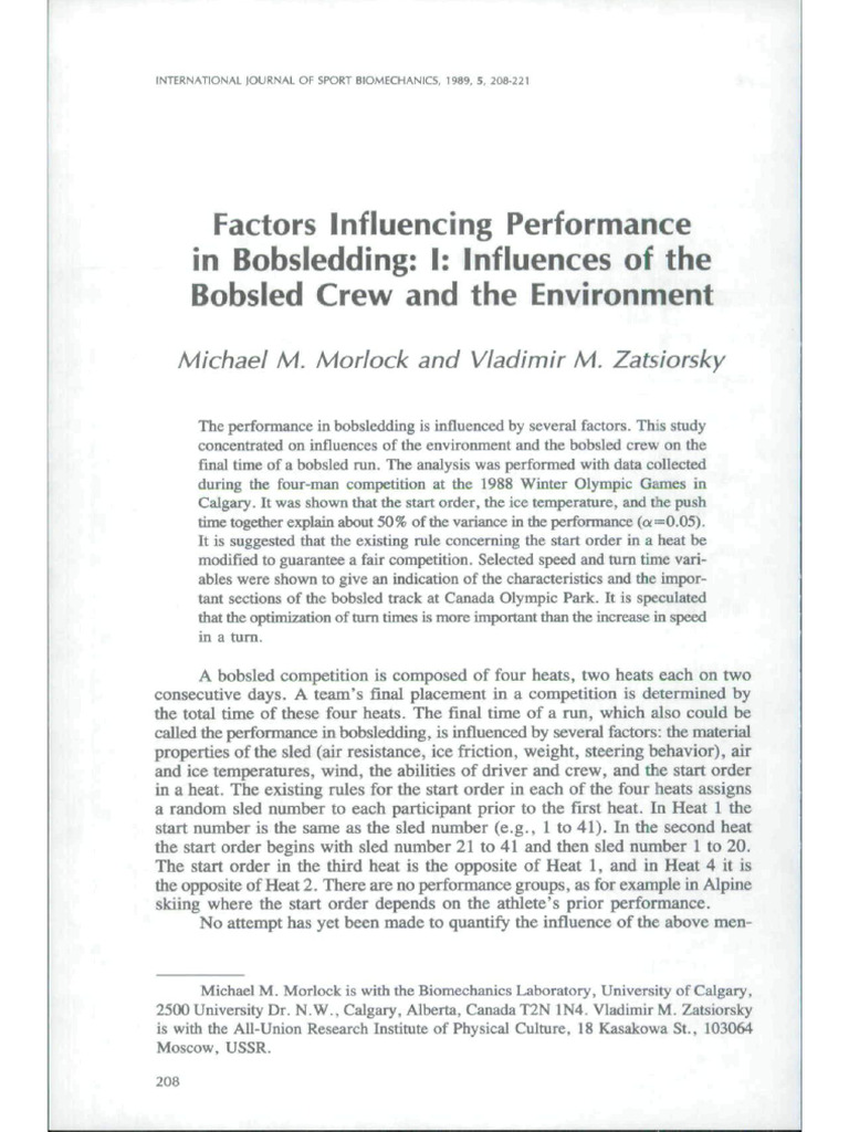 Factors Influencing Performance in Bobsledding - I - Influences of The ...