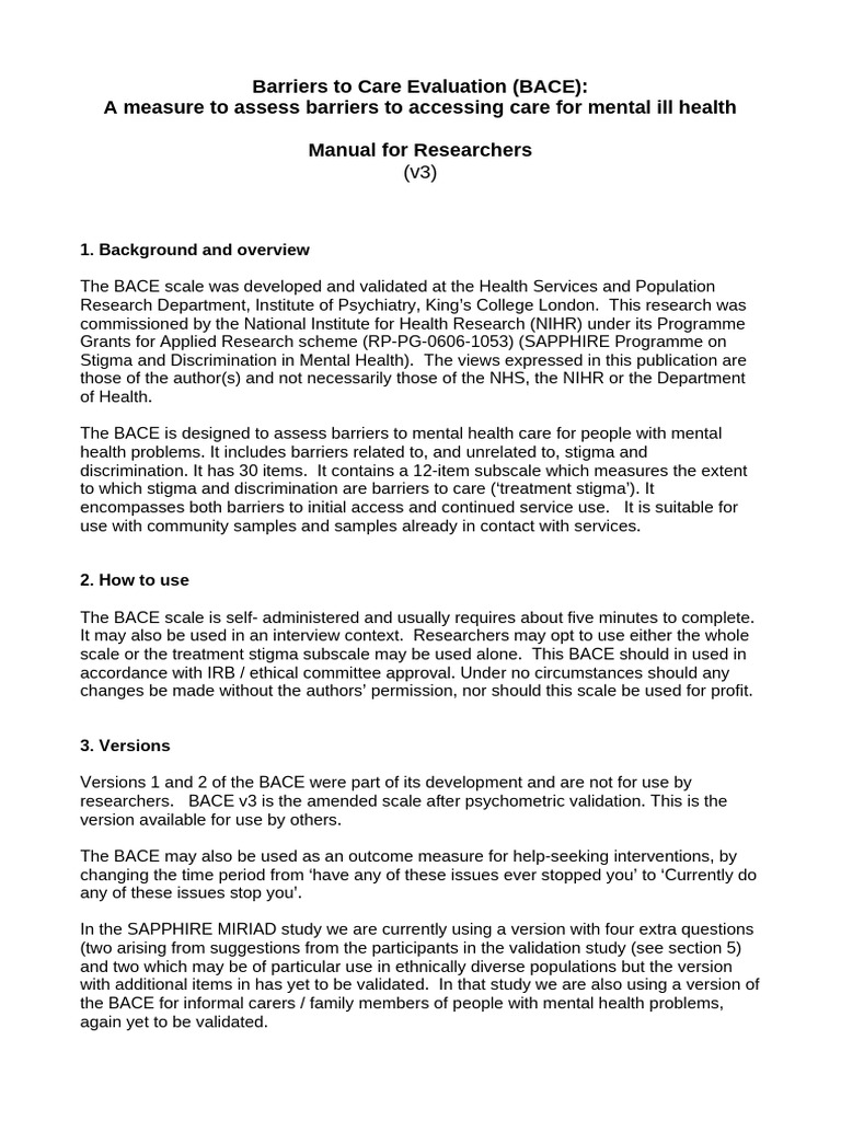 BACE Questionnaire: Barriers to Care | PDF | Mental Health | Social Stigma