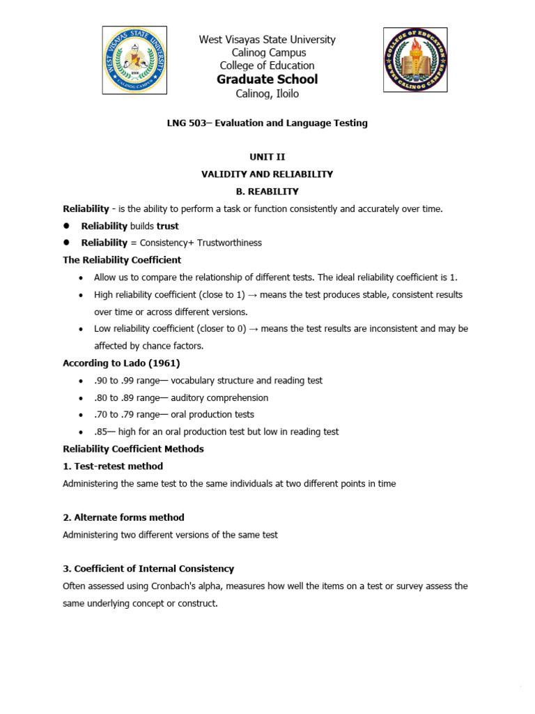 Understanding Test Reliability Coefficients | PDF | Validity ...