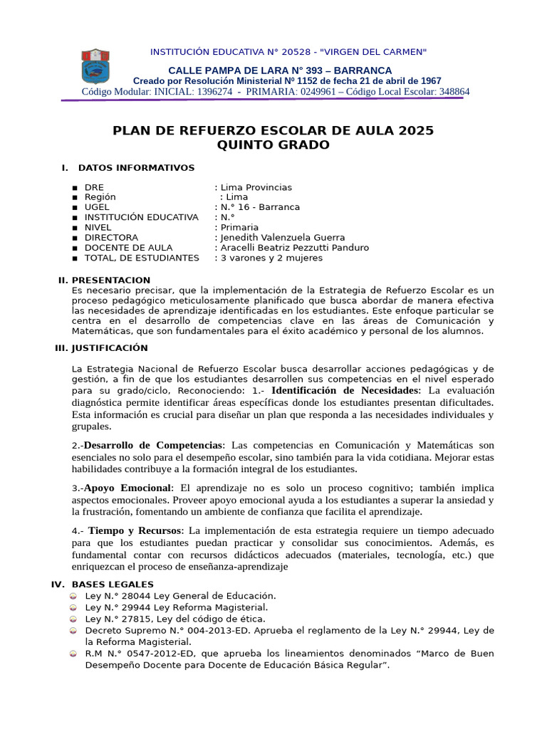 Plan de Refuerzo Escolar 2025 Primaria | PDF | Educación primaria ...