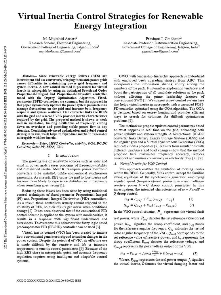 Virtual Inertia Control for Microgrids | PDF | Photovoltaic System ...