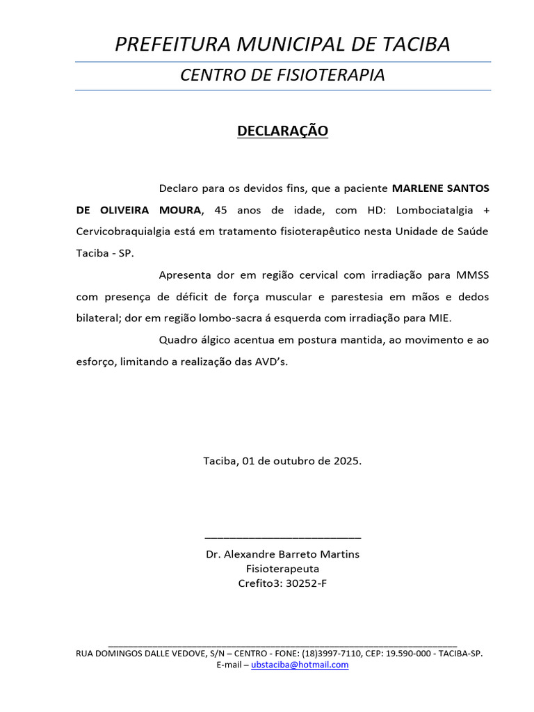 Declaração de Fisioterapia para Paciente | PDF