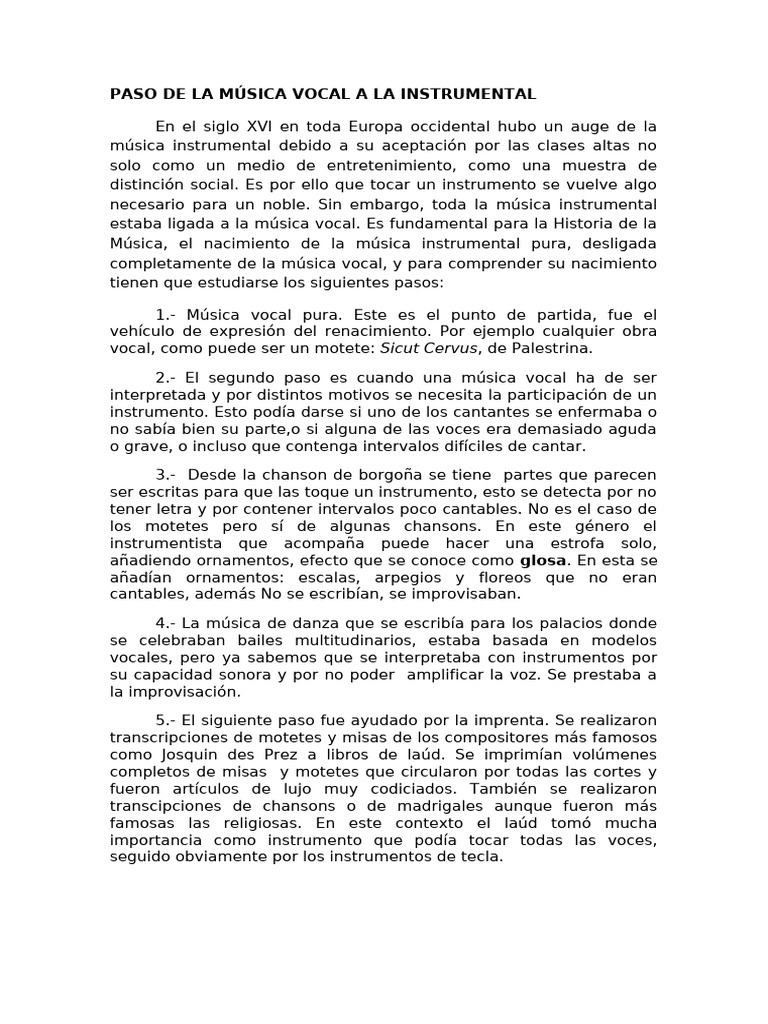 PASO DE LA MÚSICA VOCAL A LA INSTRUMENTAL en Una Hoja | PDF ...