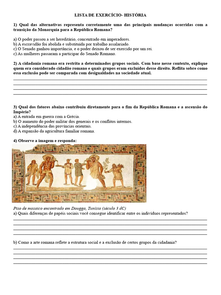 Exercícios sobre História da Roma Antiga | PDF | Império Romano | Roma ...