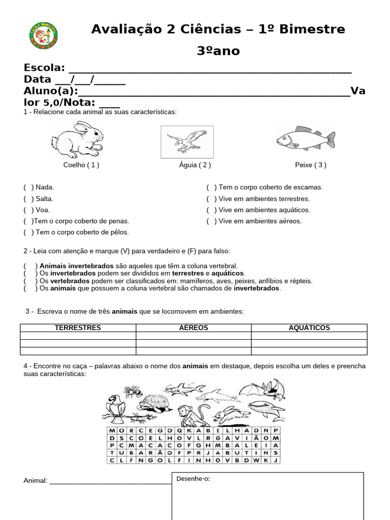 Prova de Ciências: Animais e Características | PDF