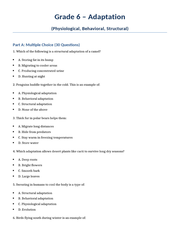 Grade 6 Adaptations Quiz and Activities | PDF | Predation | Adaptation