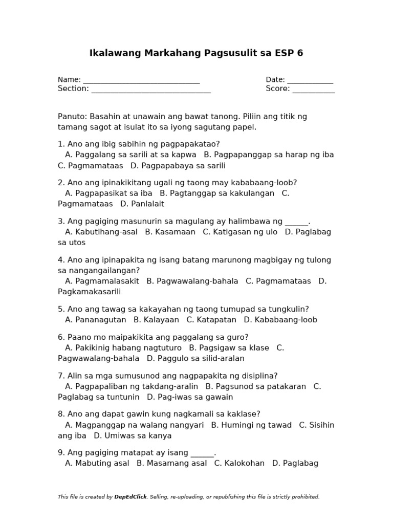 Quarter 2 Examination ESP 6 DepEdClick | PDF