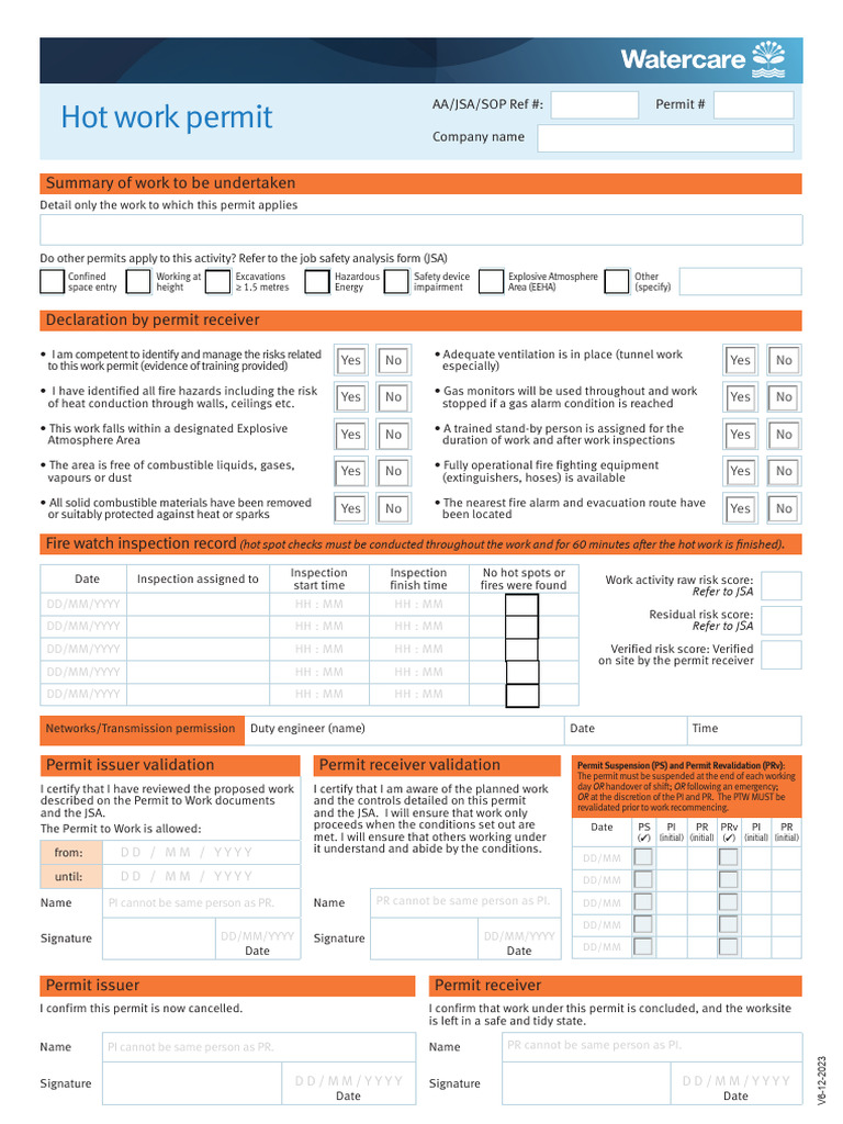 Hot Work Permit and Safety Checklist | PDF | Working Conditions | Hazards