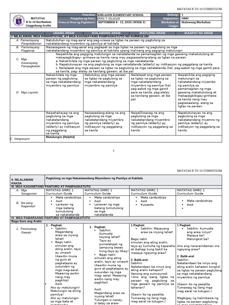 DLL Matatag - GMRC 1 - Q2 - W3 | PDF