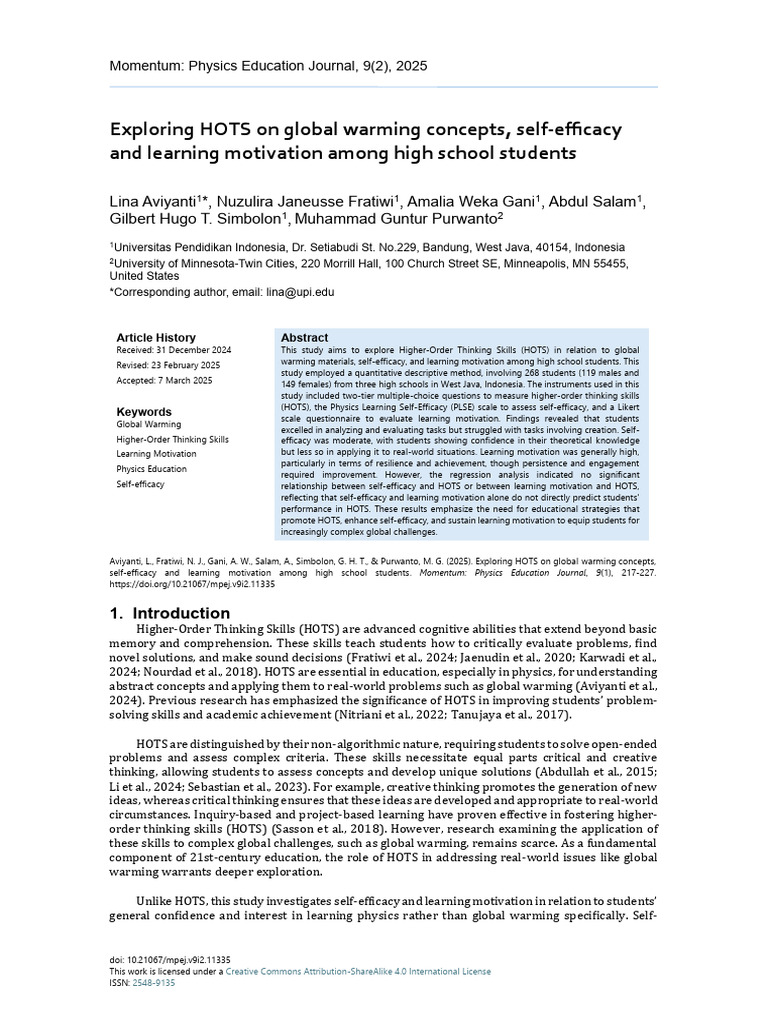 HOTS, Self-Efficacy & Motivation in Physics | PDF | Self Efficacy ...