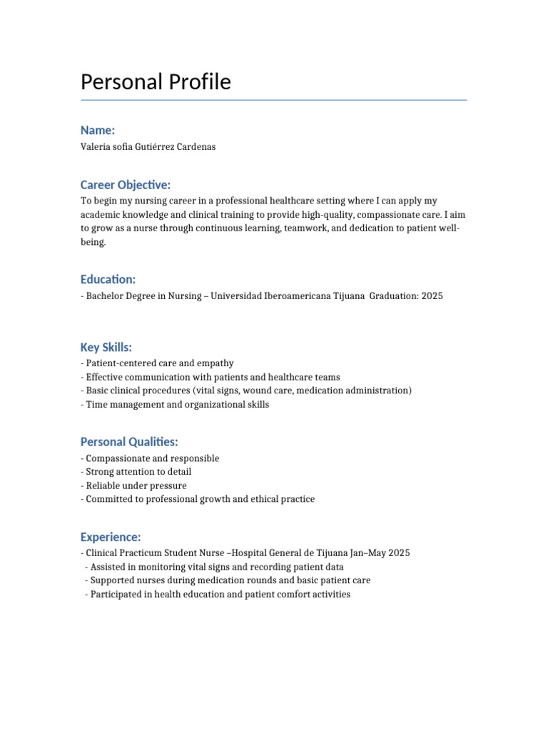 Valeria Gutiérrez: Aspiring Nurse Profile | PDF