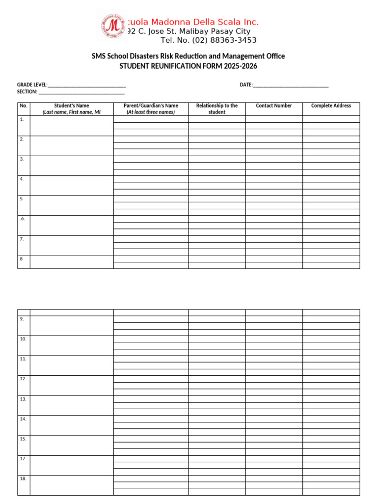 Student Reunification Form 2025-2026 | PDF