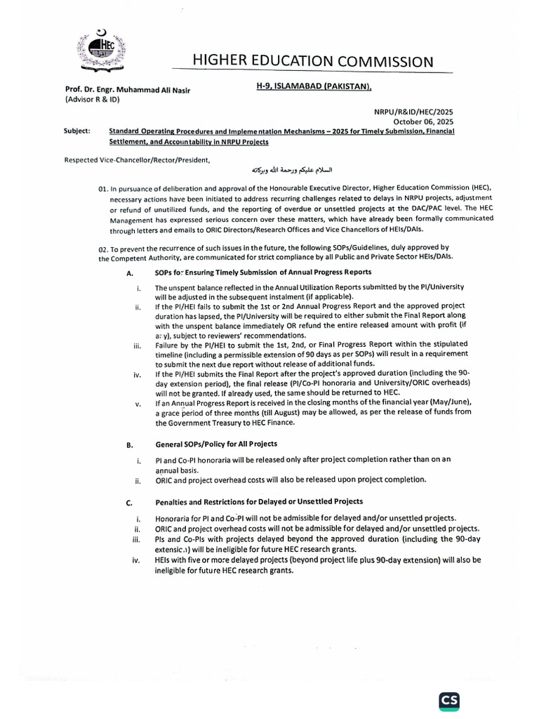 NRPU - SOPs & Implementation Mechanism 2025 | PDF | Expense | Budget