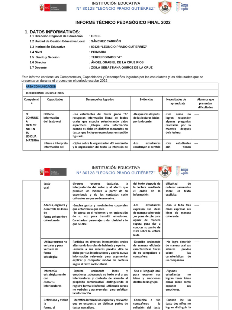 Informe Técnico Educativo 2022 - Primaria | PDF | Datos | Geometría