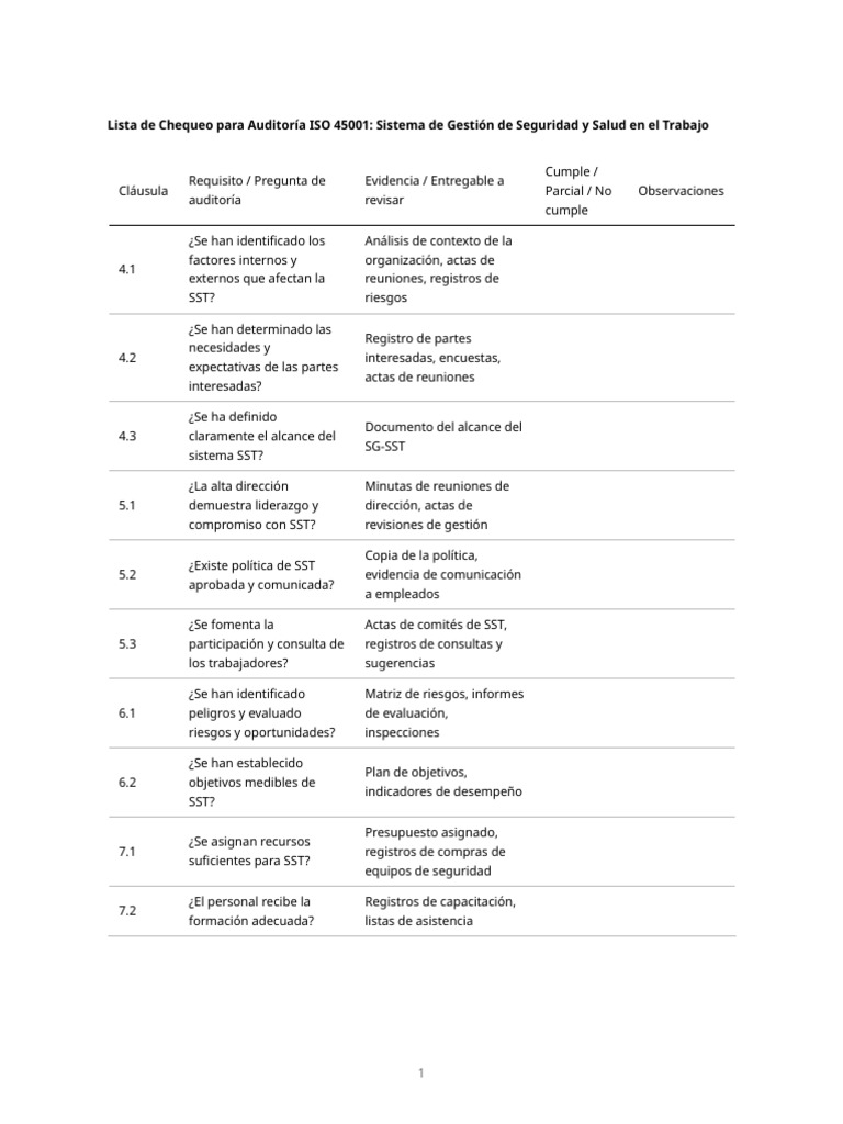 Lista de Chequeo ISO 45001 | PDF | Auditoría