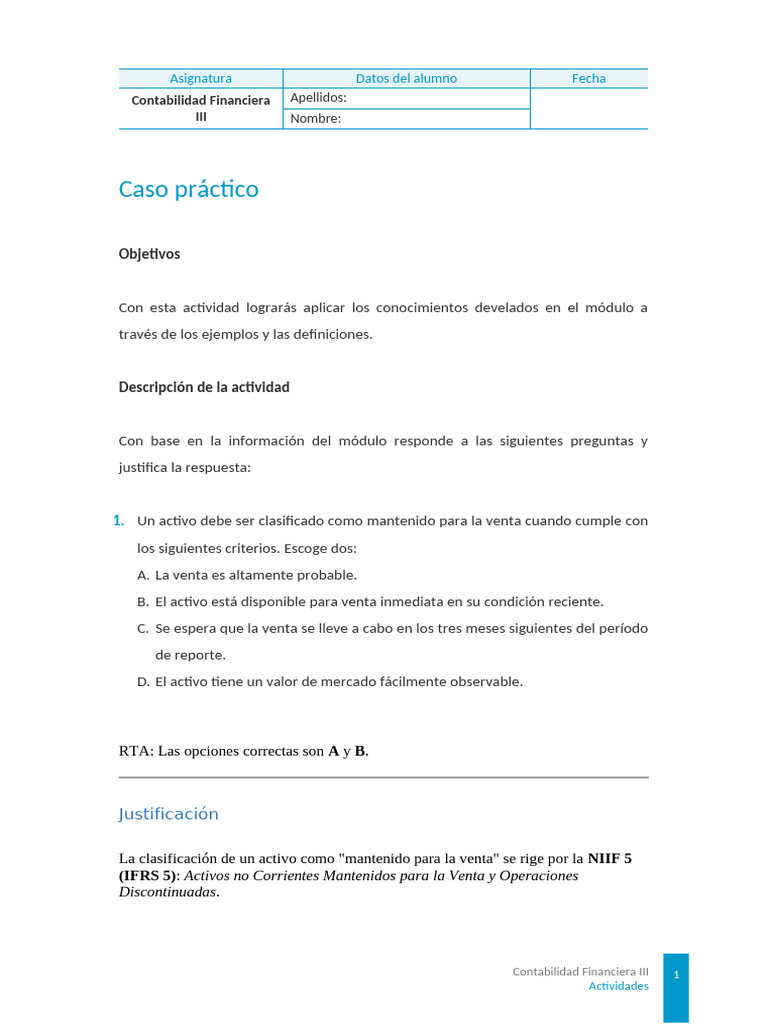 Clasificación de Activos según NIIF 5 | PDF | normas internacionales de ...