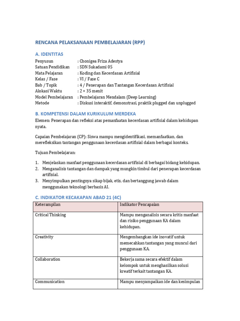 RPP Koding & AI untuk Kelas VI SD | PDF