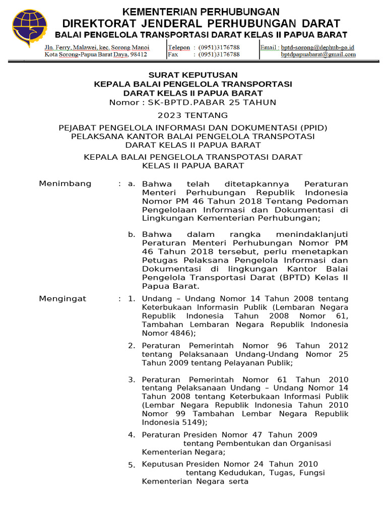 SK PPID BPTD Kelas II Papua Barat 2023 | PDF
