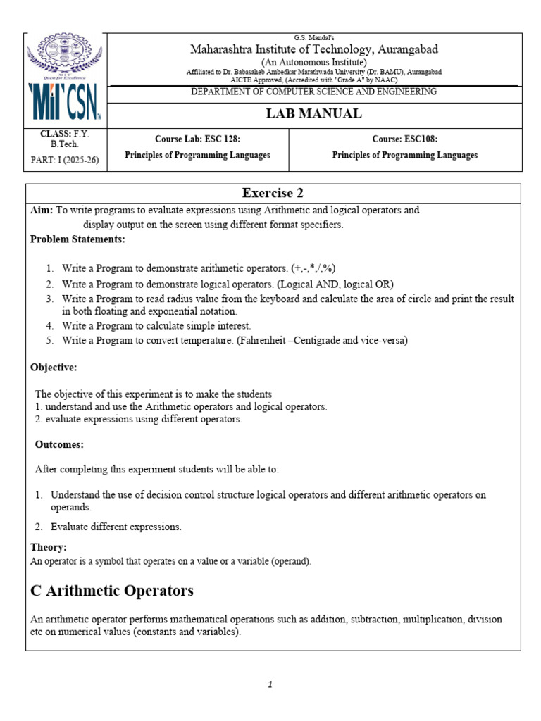 FY PPL Lab Excercise2 Manual MMG | PDF | Arithmetic | Boolean Algebra